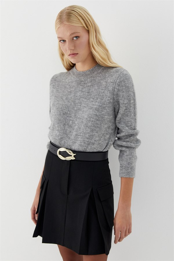 Yuvarlak Yaka Triko Kazak Gri