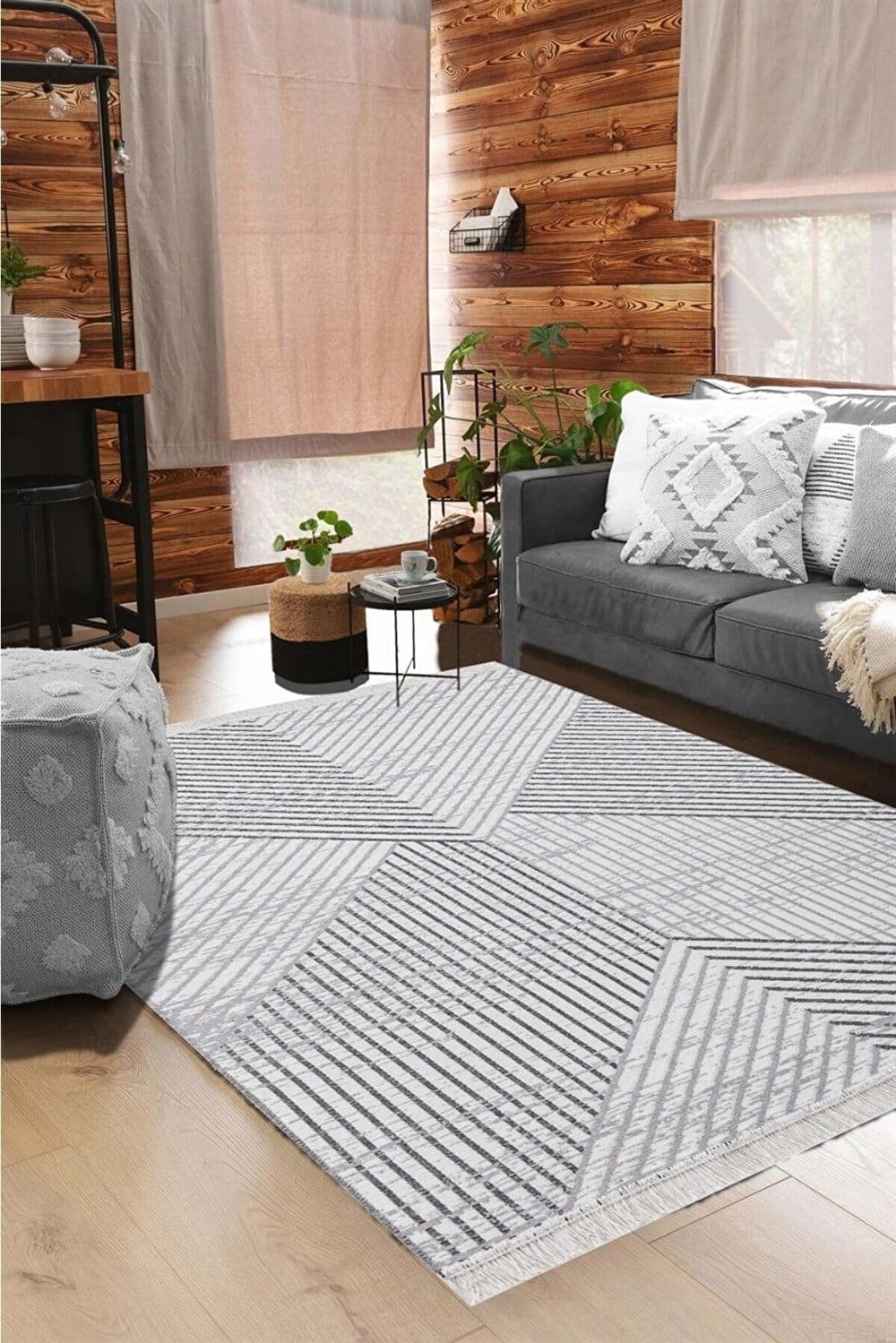 Bohem Serisi Kilim Gri Çift Taraflı Dokuma Pamuklu Kilim Zigzag Gri