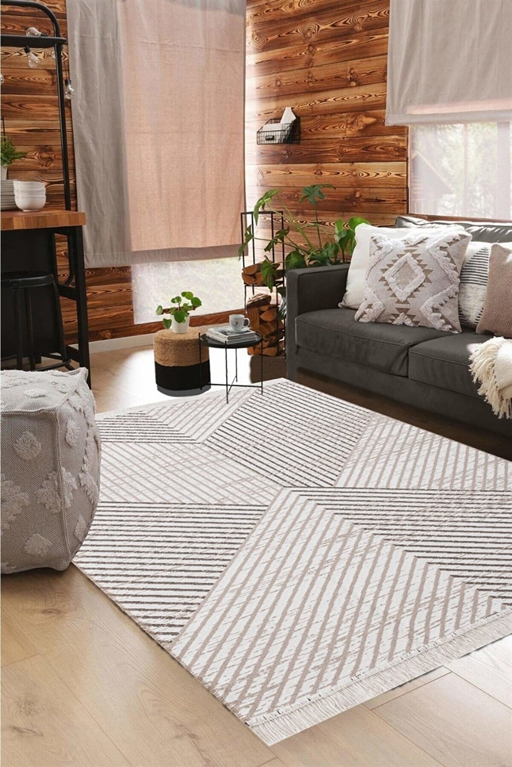 Bohem Serisi Kilim Gri Çift Taraflı Dokuma Pamuklu Kilim Zigzag Kahve