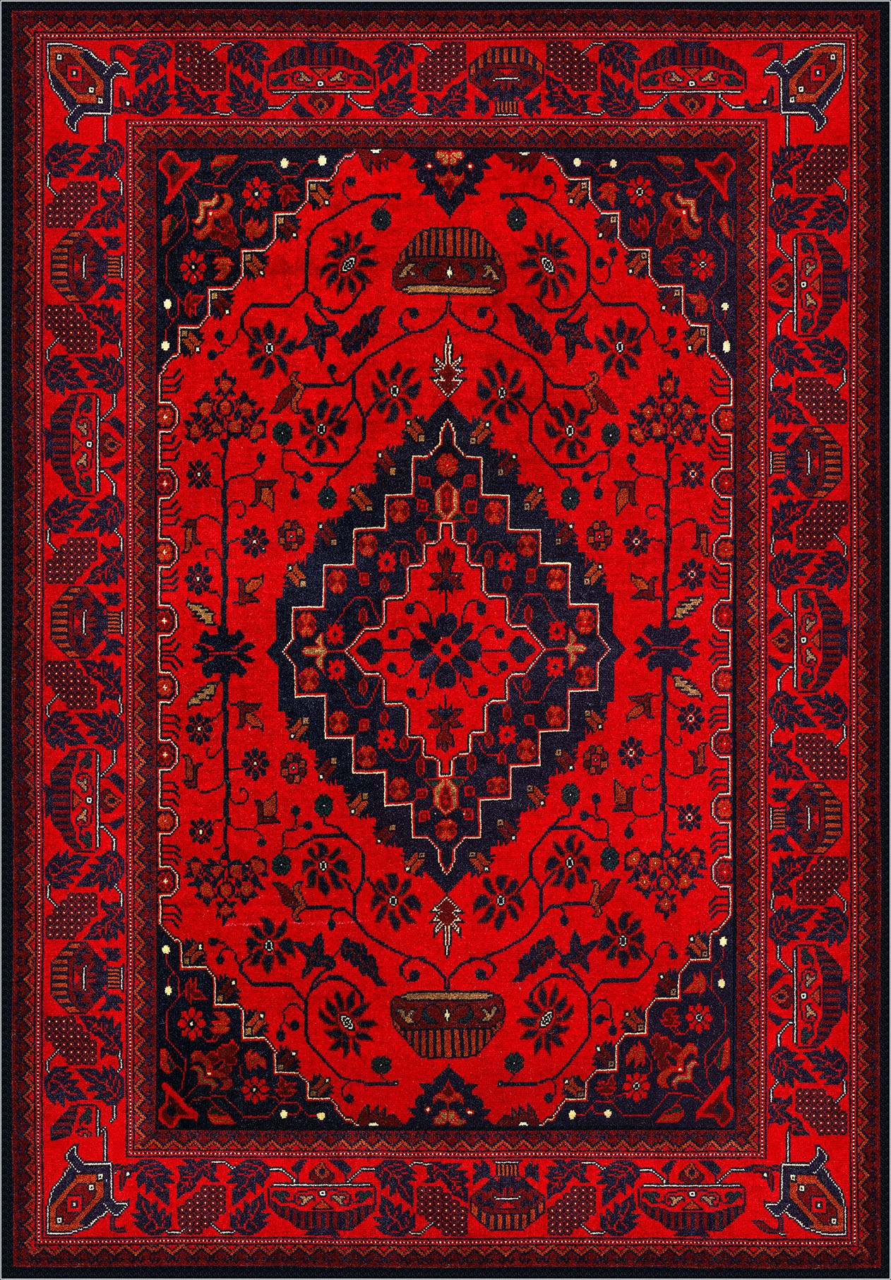 Bordo Afgan Halısı Etnik Otantik Desenli Şönil Halı Kaymaz Taban Yıkanabilir Salon Oturma Odası Halısı M1004