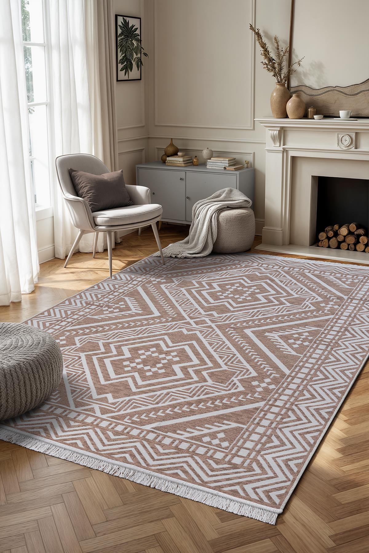 KİLİM SARAZ HALI Bohem Touch Serisi Çift Taraflı Dokuma Pamuklu Kilim 1701 Bej