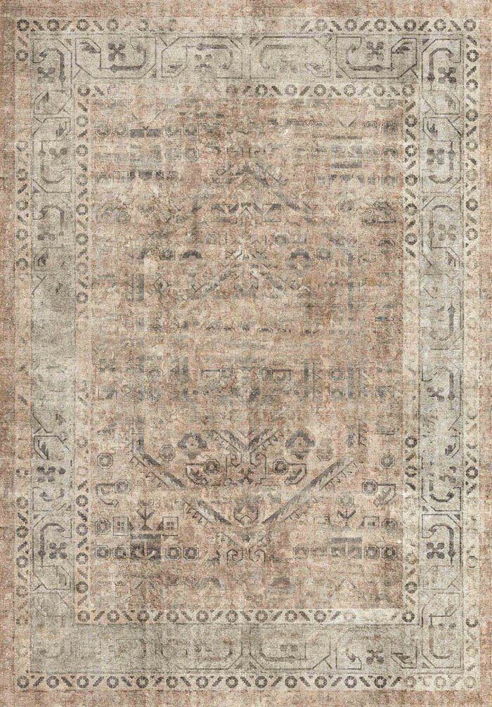 Miras Vintage Bej Gri Anadolu Desenli Baskı Şönil Halı Kaymaz Taban Salon Oturma Odası Yatak Odası Halısı SH09