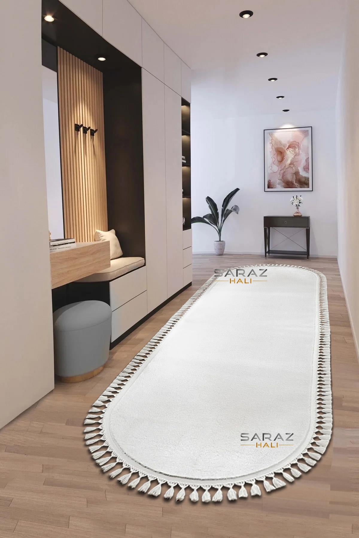 Oval Beyaz Puffy Peluş Halı – Yumuşacık, Kaymaz Tabanlı, Makinede YıkanabilirSaraz HalıPuffy Beyaz Oval Örgü Saçaklı Peluş Yumuşacık Yıkanabilir Kaymaz Taban Halı Salon Oturma Odası