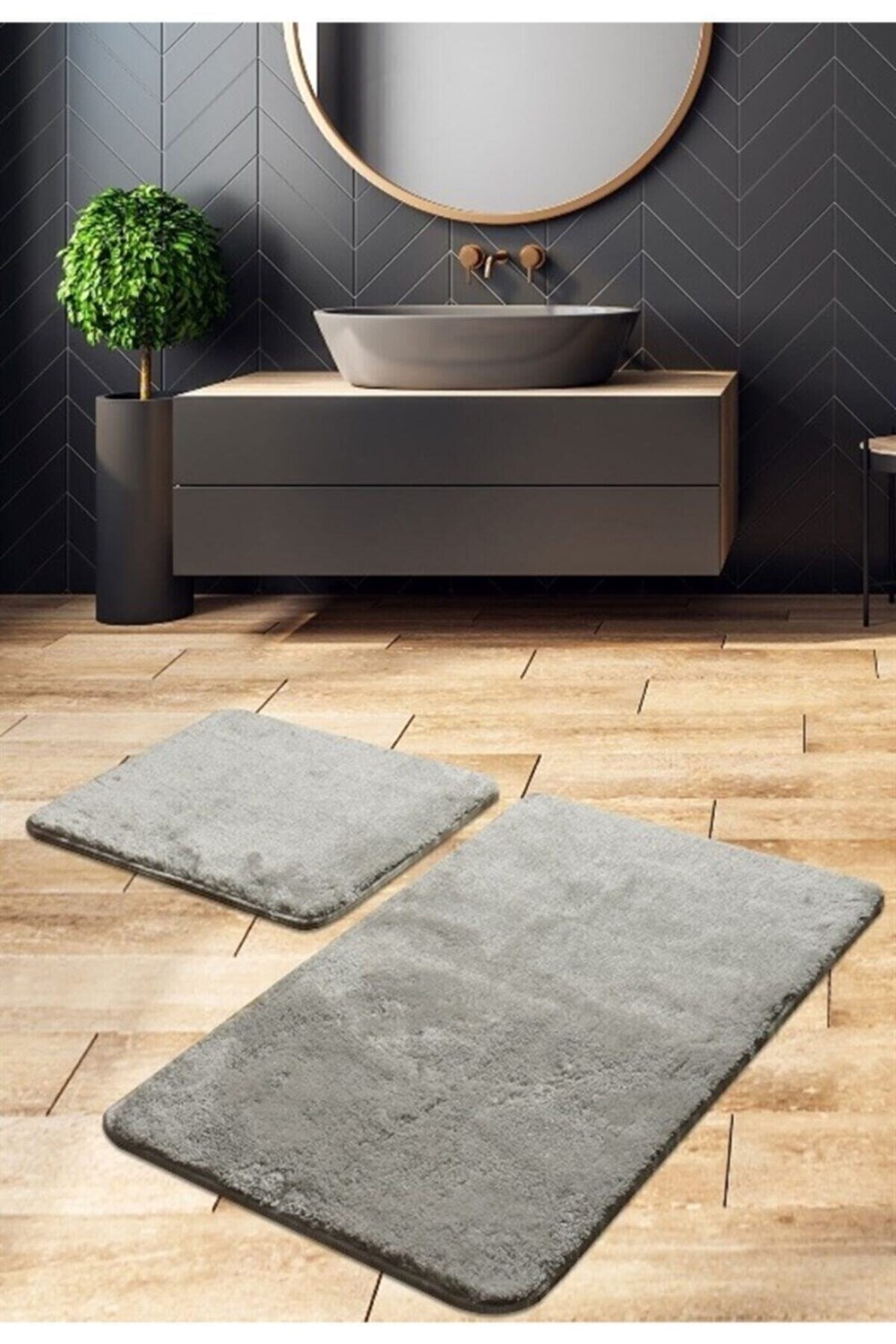 Pofuduk Peluş Gri Banyo Paspas 2 Li Klozet Takımı SRZ