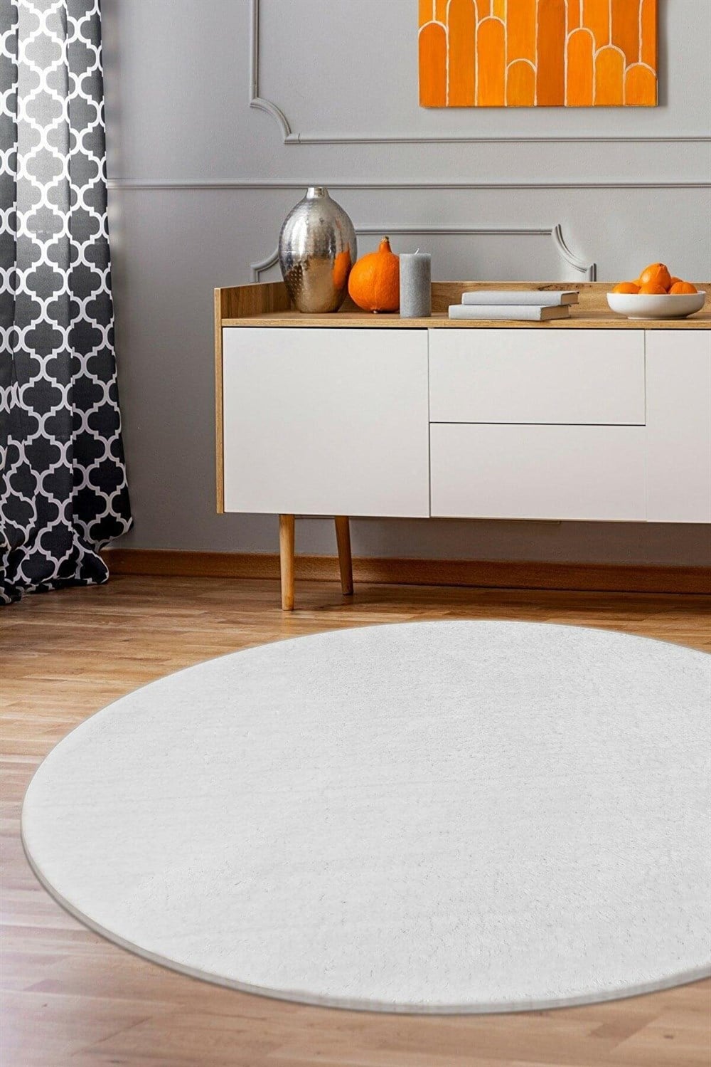 SARAZ HALI Dekoratif Yumuşak Peluş Post Tüylenmez YUVARLAK PUFFY BEYAZ