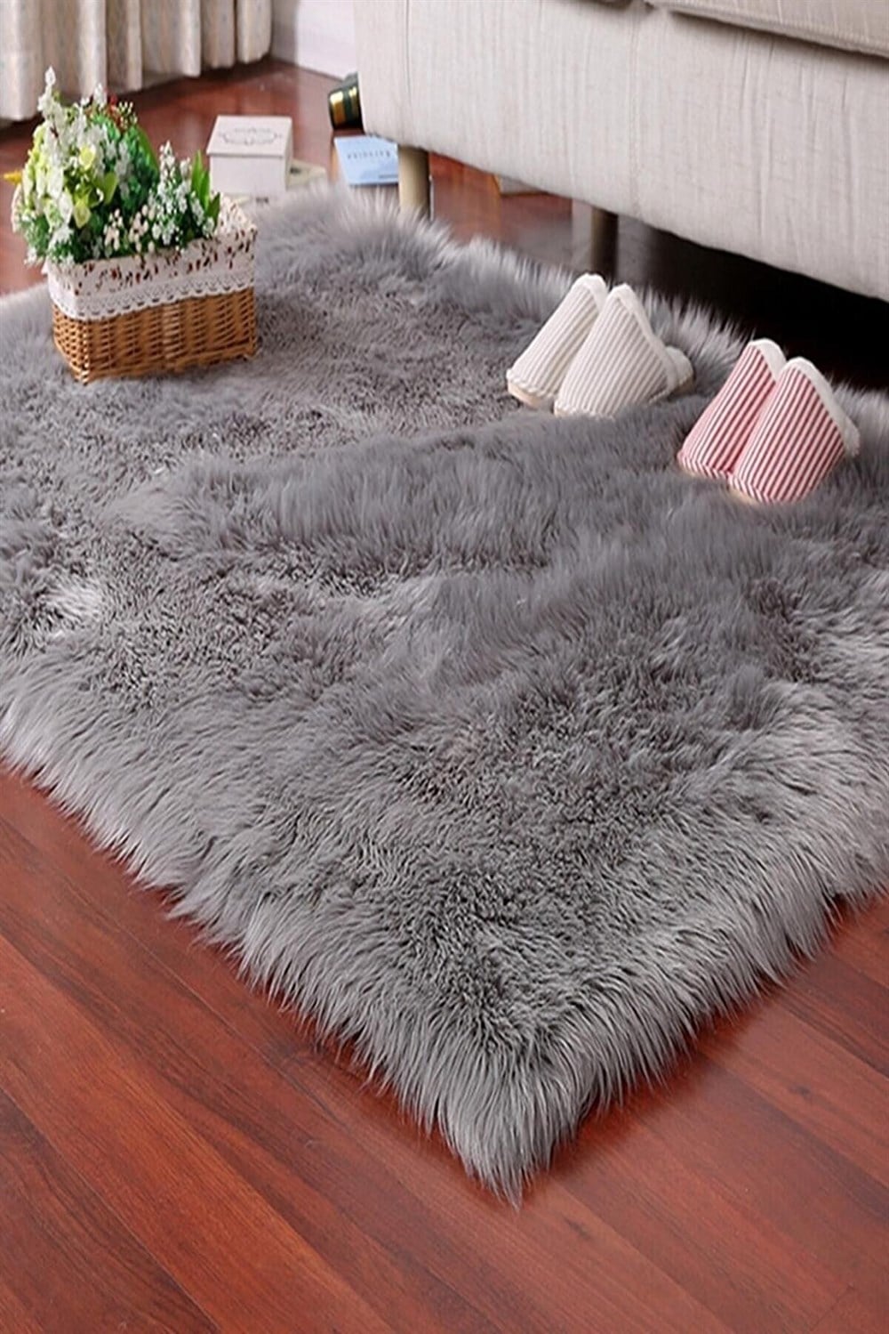 SARAZ HALI Kuzu Post Peluş Gri Halı Yıkanabilir Gri Uzun Tüylü Peluş