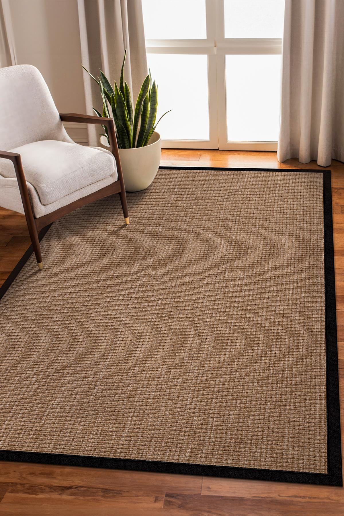 Sisal Hasır Halı ModelleriSARAZ HALI0465-Siyah Kumaş Bordür Sisal Halı Kilim Hav Toz Vermez Kolay Temizlenen Hasır Kilim