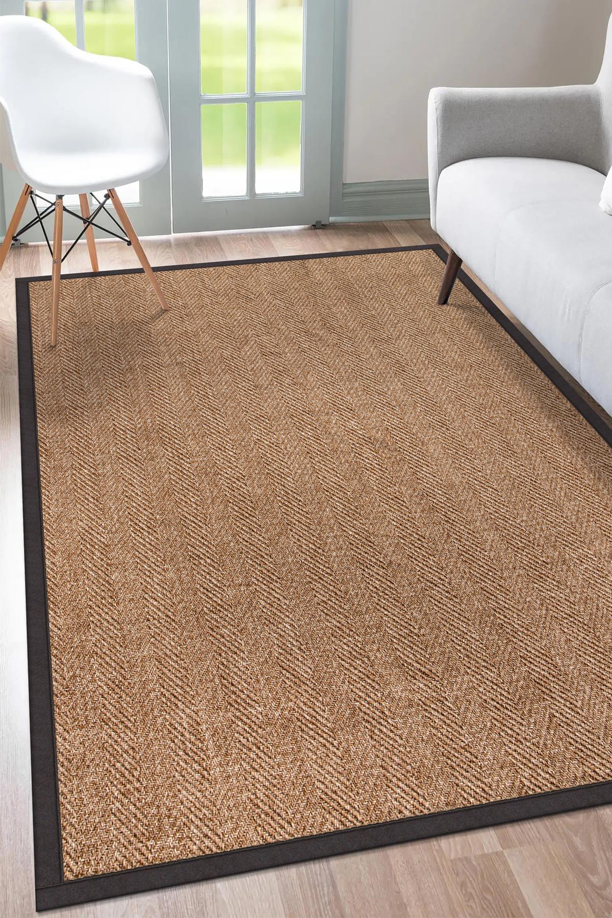 Sisal Hasır Halı ModelleriSARAZ HALI0503-Antrasit Kumaş Bordür Sisal Halı Kilim Hav Toz Vermez Kolay Temizlenen Hasır Kilim