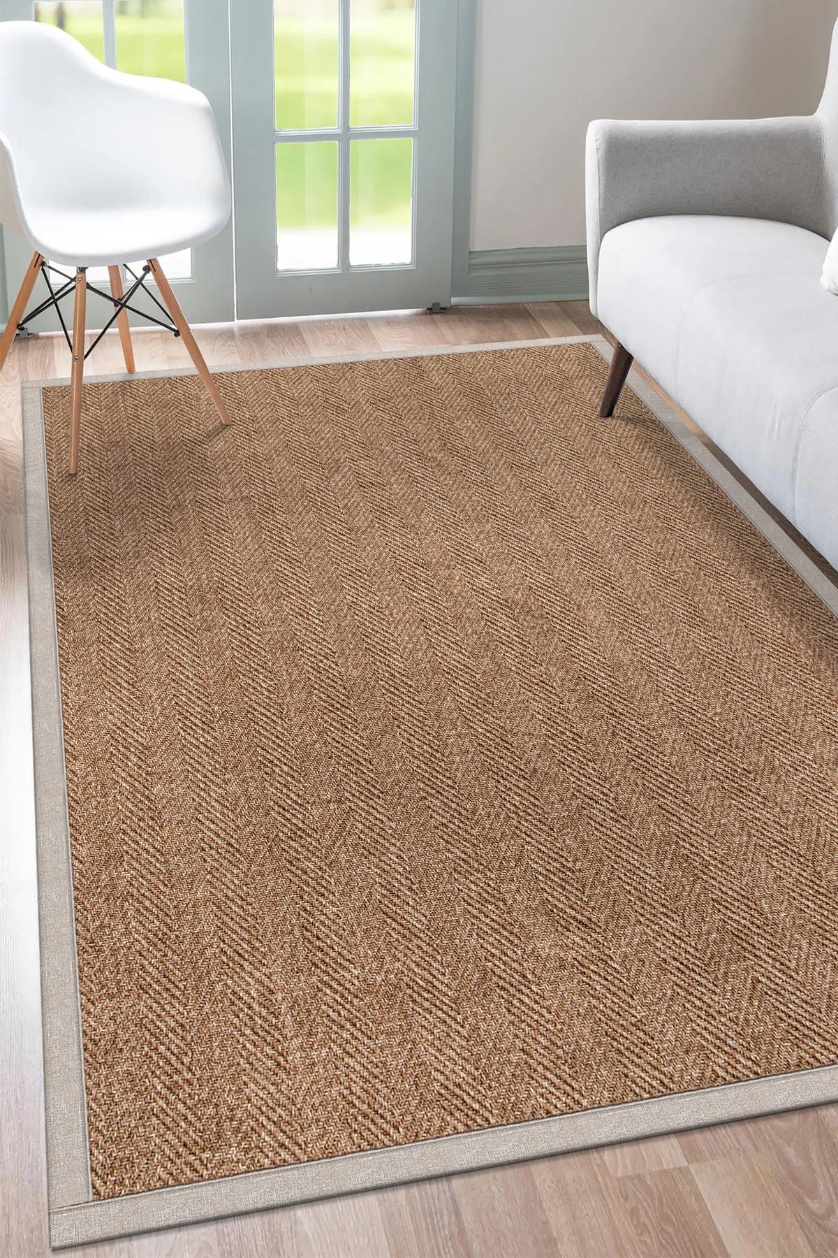 Sisal Hasır Halı ModelleriSARAZ HALI0503-Bej Kumaş Bordür Sisal Halı Kilim Hav Toz Vermez Kolay Temizlenen Hasır Kilim