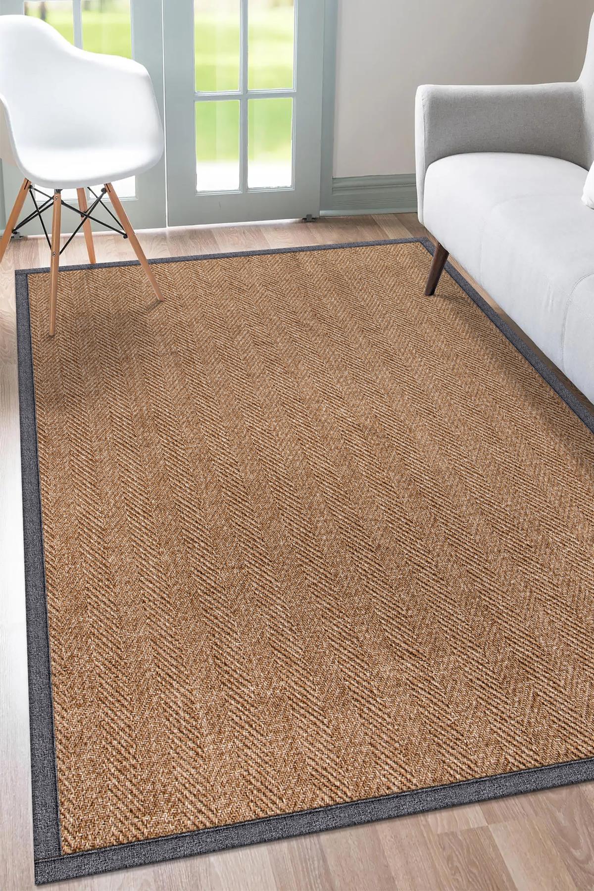 Sisal Hasır Halı ModelleriSARAZ HALI0503-Gri Kumaş Bordür Sisal Halı Kilim Hav Toz Vermez Kolay Temizlenen Hasır Kilim