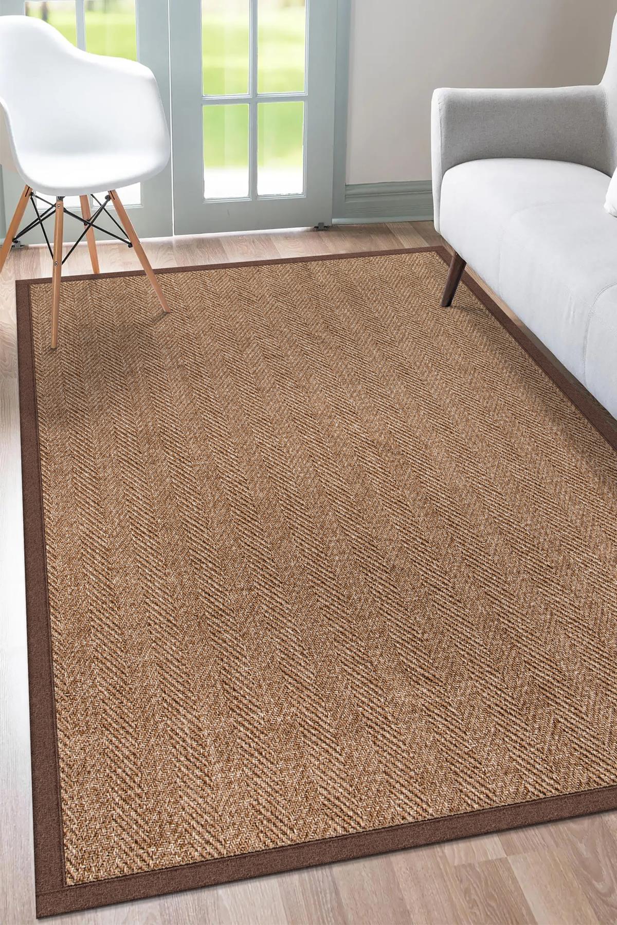 Sisal Hasır Halı ModelleriSARAZ HALI0503-Kahve Kumaş Bordür Sisal Halı Kilim Hav Toz Vermez Kolay Temizlenen Hasır Kilim
