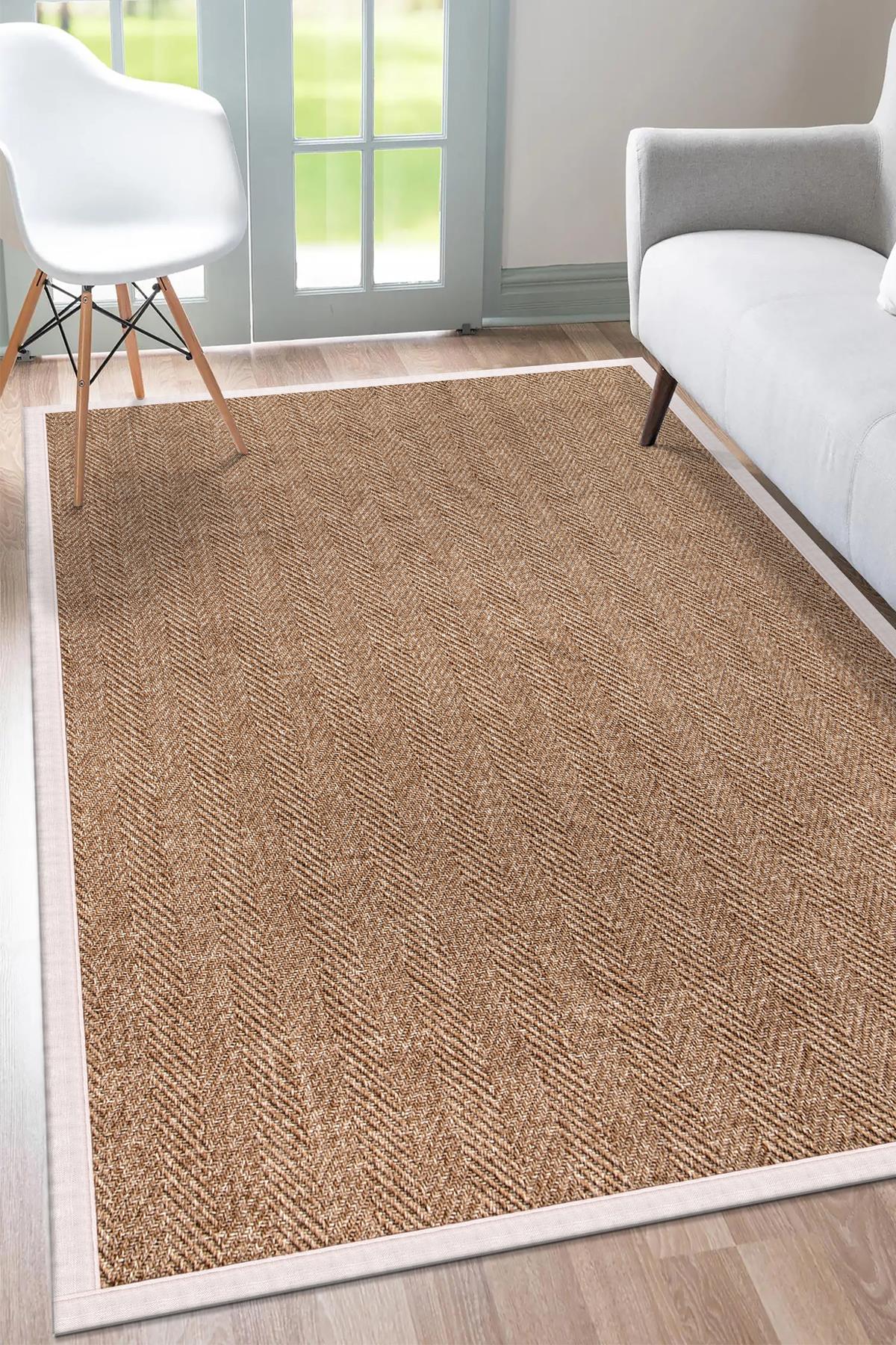 Sisal Hasır Halı ModelleriSARAZ HALI0503-Krem Kumaş Bordür Sisal Halı Kilim Hav Toz Vermez Kolay Temizlenen Hasır Kilim