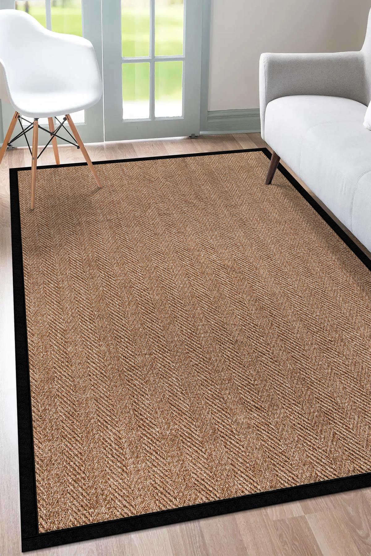 Sisal Hasır Halı ModelleriSARAZ HALI0503-Siyah Kumaş Bordür Sisal Halı Kilim Hav Toz Vermez Kolay Temizlenen Hasır Kilim