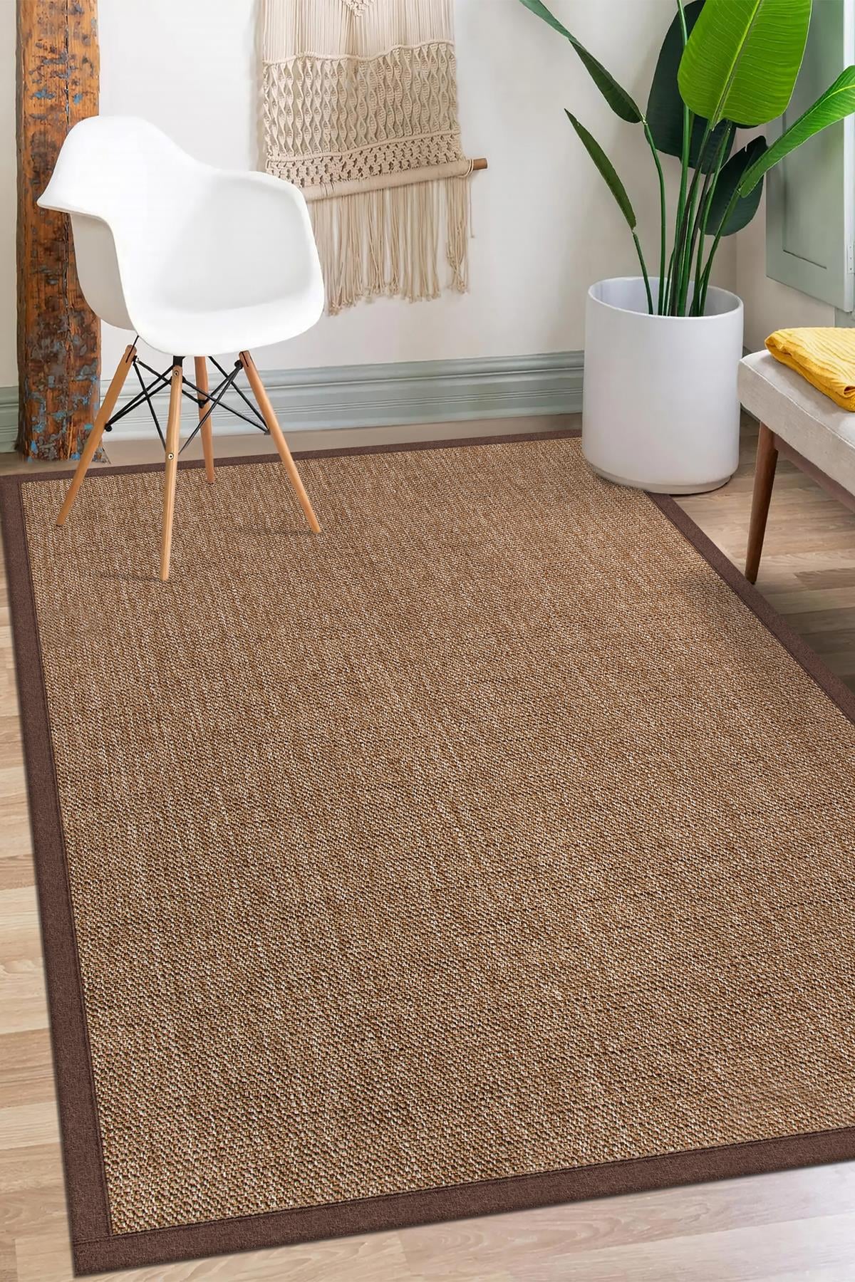 Sisal Hasır Halı ModelleriSARAZ HALI0604-Kahve Kumaş Bordür Sisal Halı Kilim Hav Toz Vermez Kolay Temizlenen Hasır Kilim