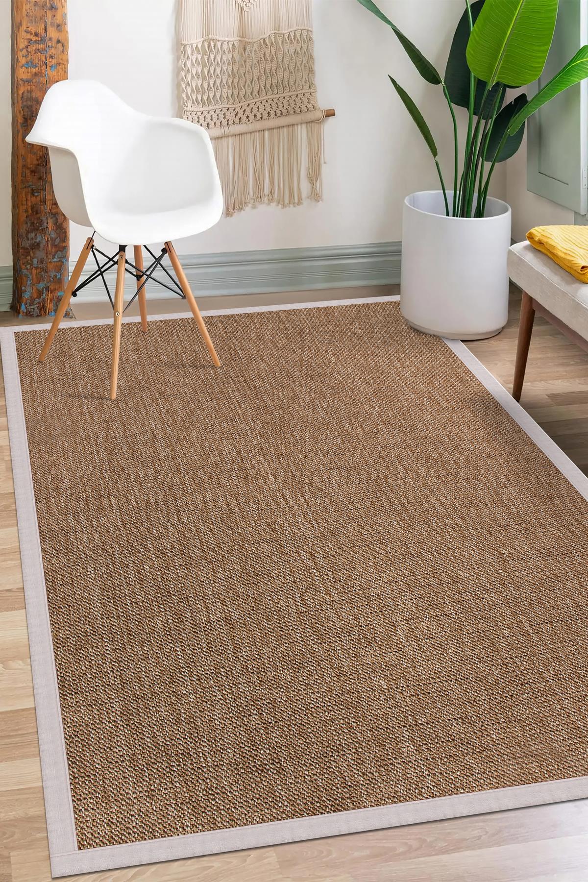 Sisal Hasır Halı ModelleriSARAZ HALI0604-Krem Kumaş Bordür Sisal Halı Kilim Hav Toz Vermez Kolay Temizlenen Hasır Kilim