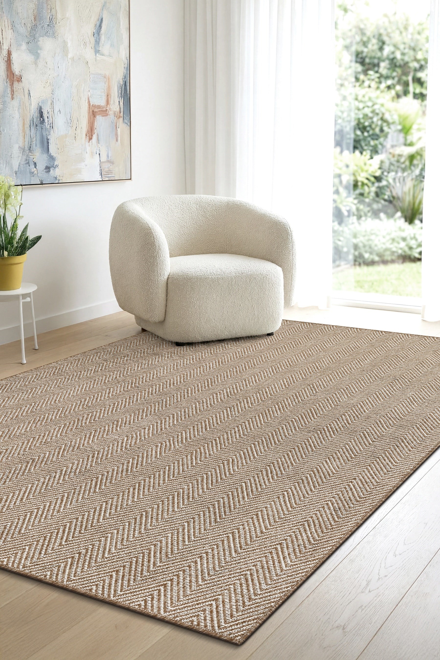 Srz-0408 Beyaz Kahve Balık Sırtı Jüt Tabanlı Hasır Dokuma Örme Bohem Antialerjik Halı Kilim