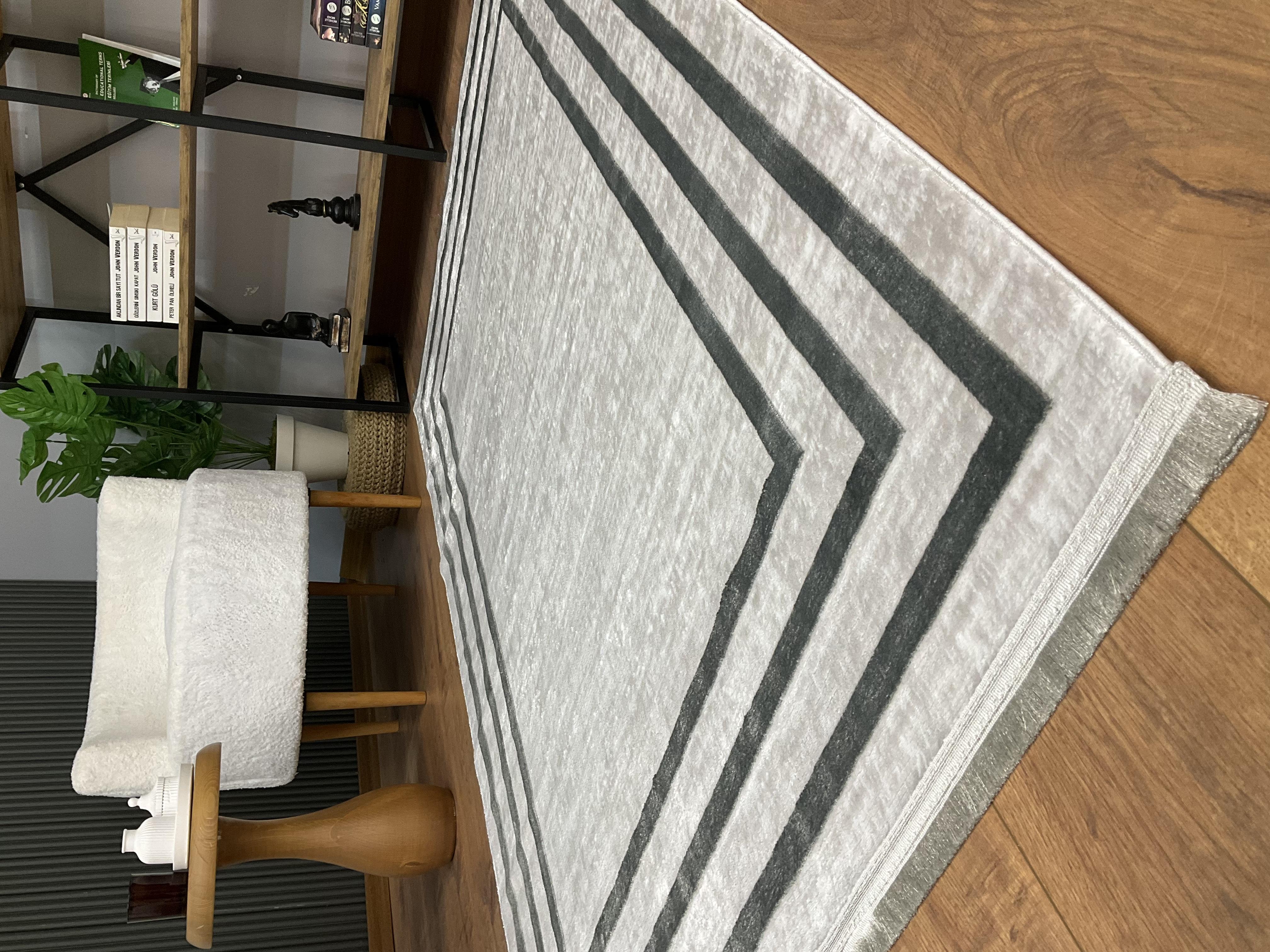 TİCİMAXSARAZ HALIÇerçeve Model Bambu Yıkanabilir Parlak Halı Gri Çizgi