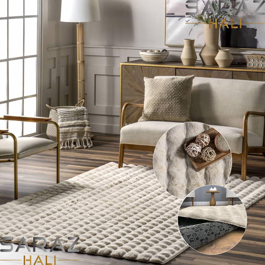TİCİMAXSARAZ HALIPuffy Bubble Tavşan Tüyü Kaymaz Makinede Yıkanabilir Salon Koridor Mutfak Halı Kilim Bej