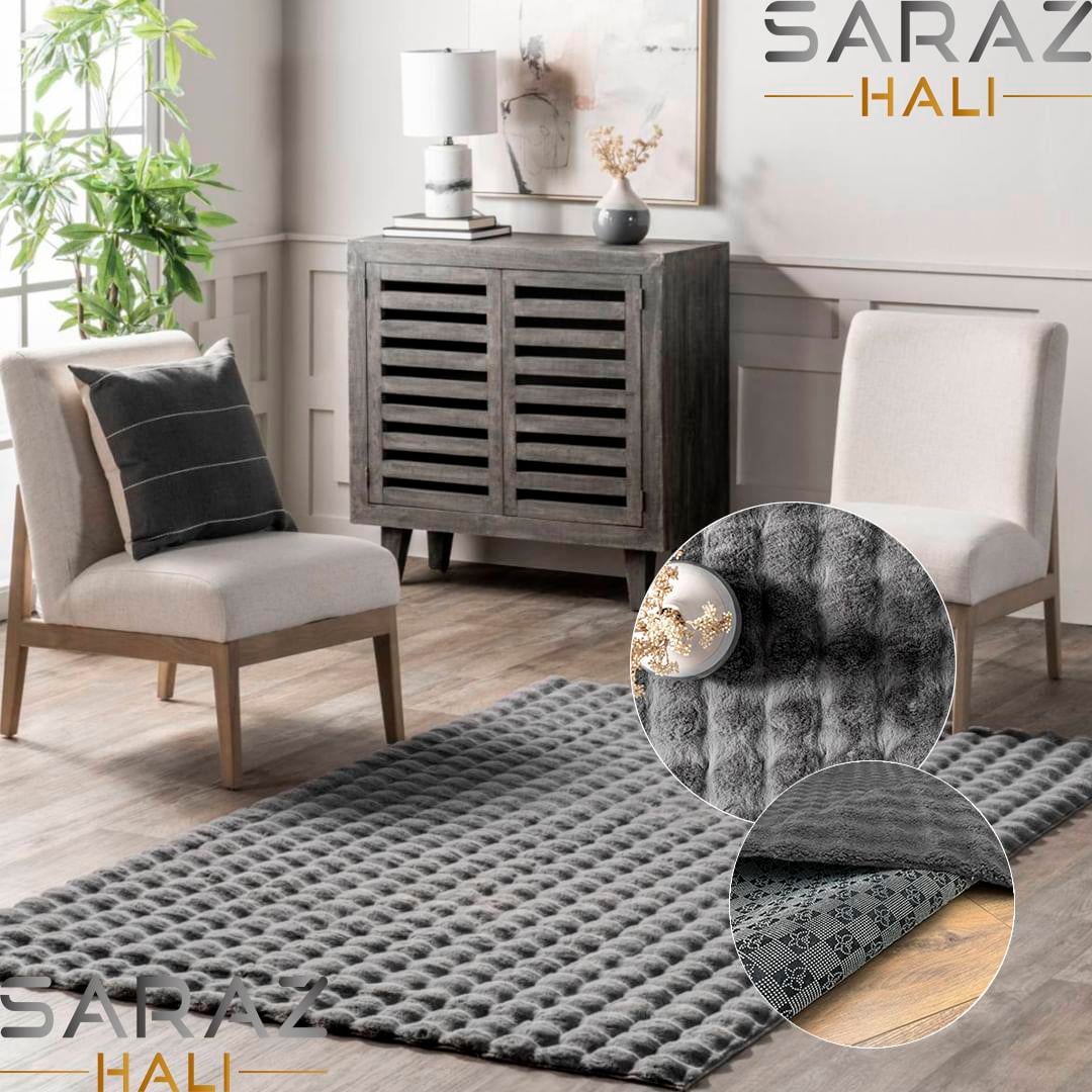 TİCİMAXSARAZ HALIPuffy Bubble Tavşan Tüyü Kaymaz Makinede Yıkanabilir Salon Koridor Mutfak Halı Kilim Antrasit