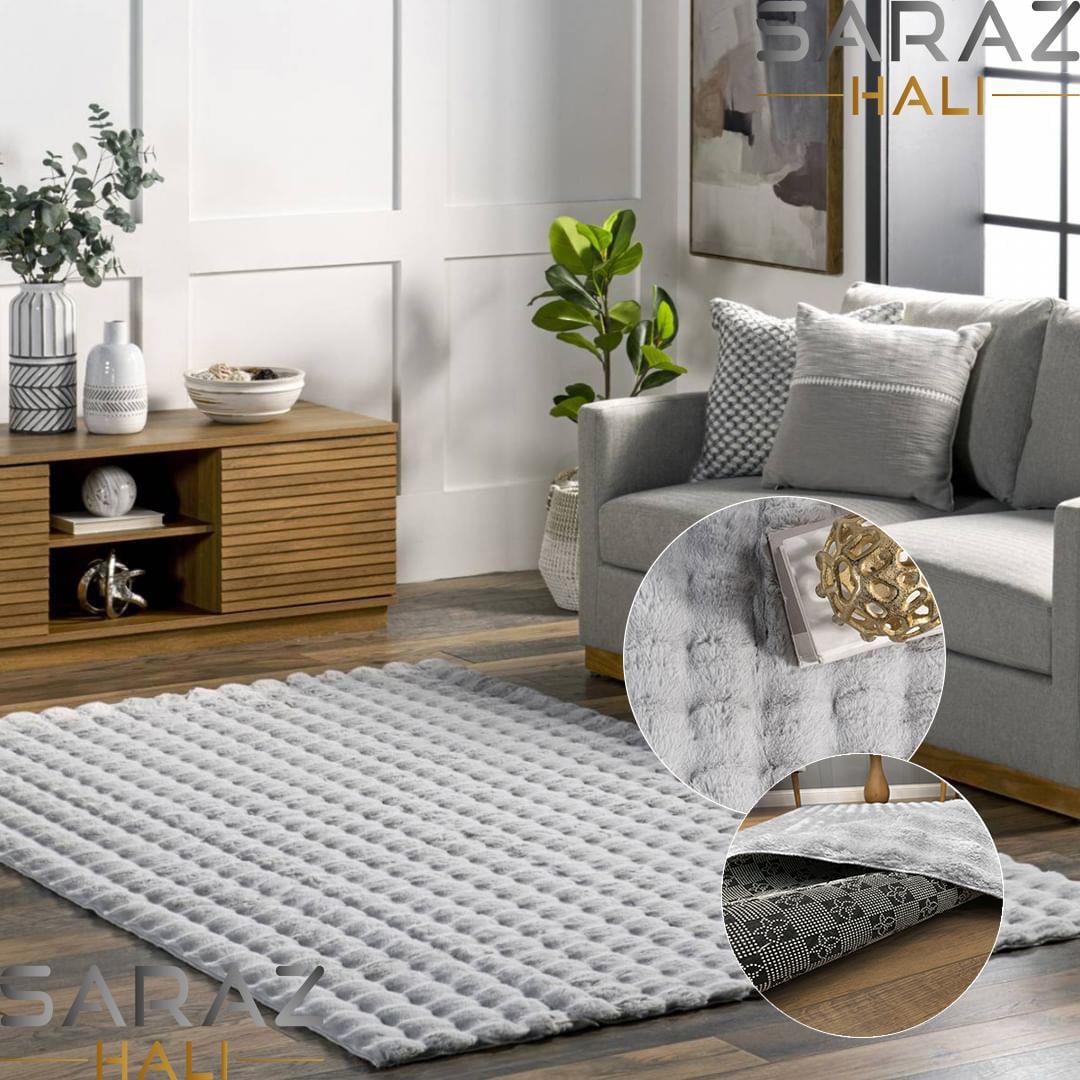 TİCİMAXSARAZ HALIPuffy Bubble Tavşan Tüyü Kaymaz Makinede Yıkanabilir Salon Koridor Mutfak Halı Kilim Gri