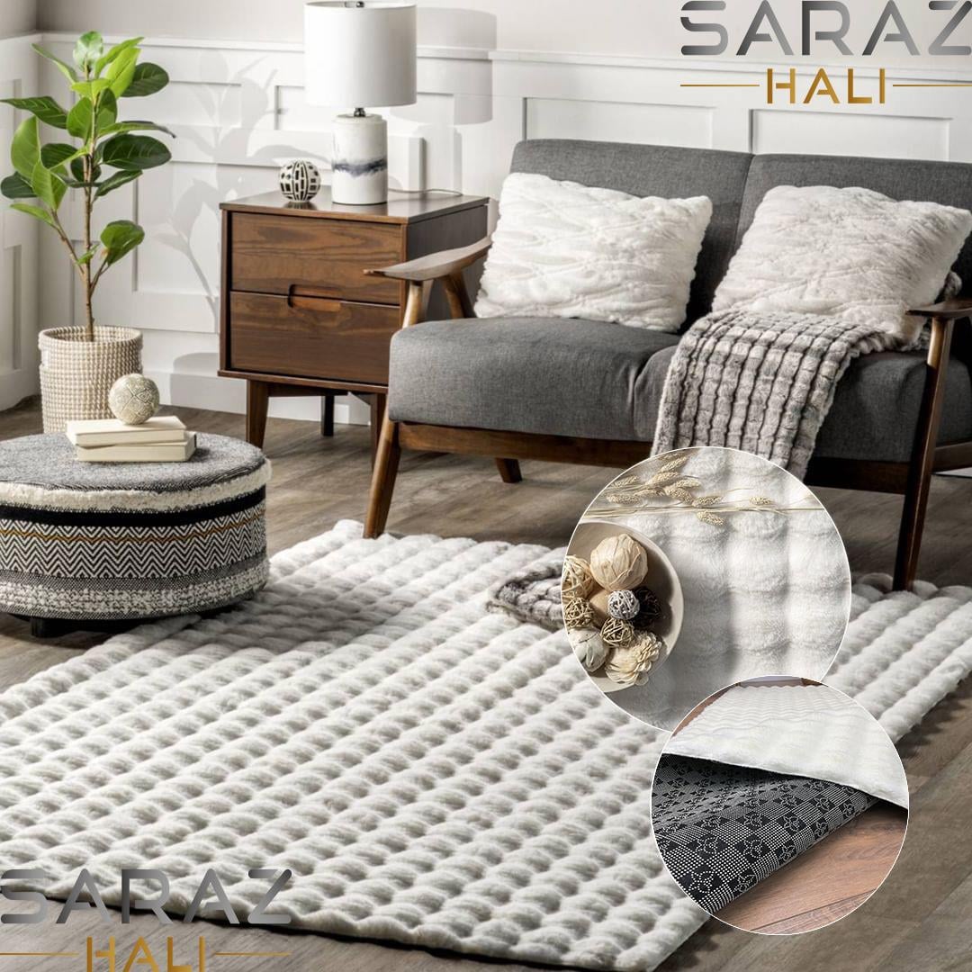 TİCİMAXSARAZ HALIPuffy Bubble Tavşan Tüyü Kaymaz Makinede Yıkanabilir Salon Koridor Mutfak Halı Kilim Krem