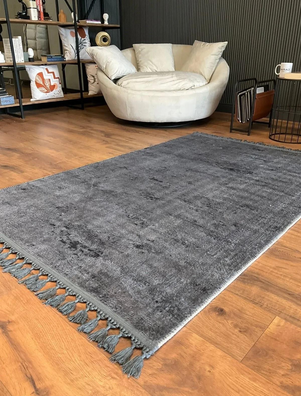 TİCİMAXSARAZ HALIPuffy Kabartma Desenli Yıkanabilir Kaymaz Taban Salon Halısı Mutfak Koridor Halısı Antrasit