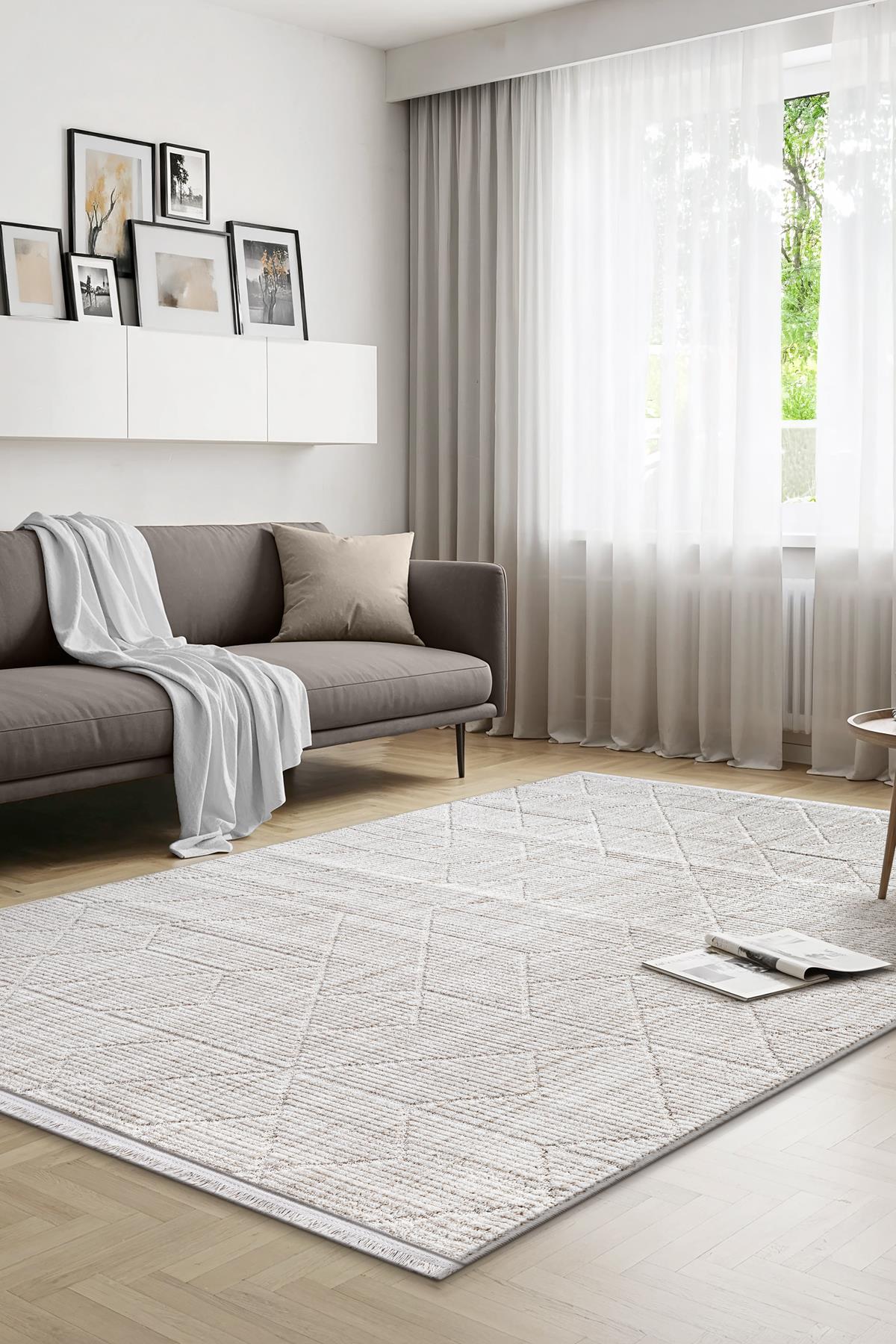 Yalın Microfiber Bukle Dokuma Halı Antre Hol Kesme Halı Yolluk 5579 Krem