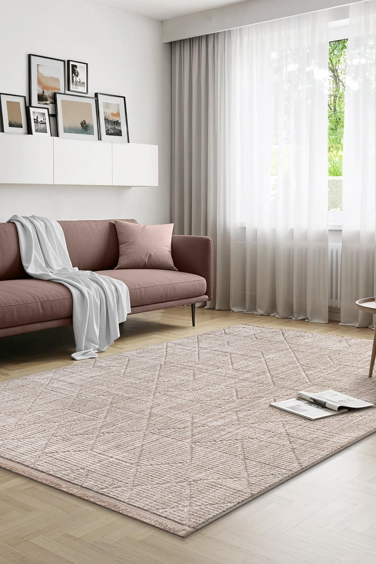 Yalın Microfiber Bukle Dokuma Halı Antre Hol Kesme Halı Yolluk 5579 Bej