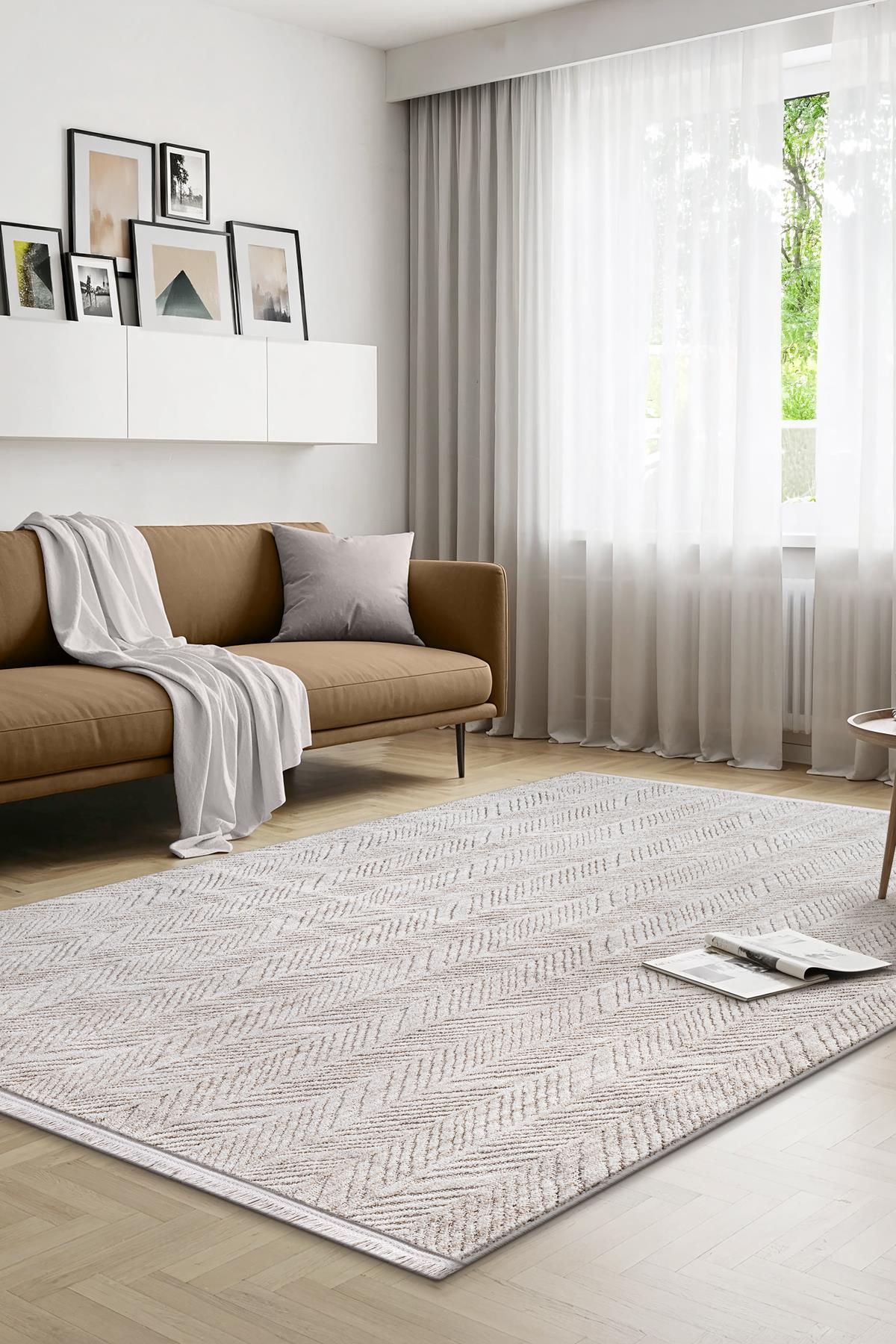 Yalın Microfiber Bukle Dokuma Halı Antre Hol Kesme Halı Yolluk 5577 Krem