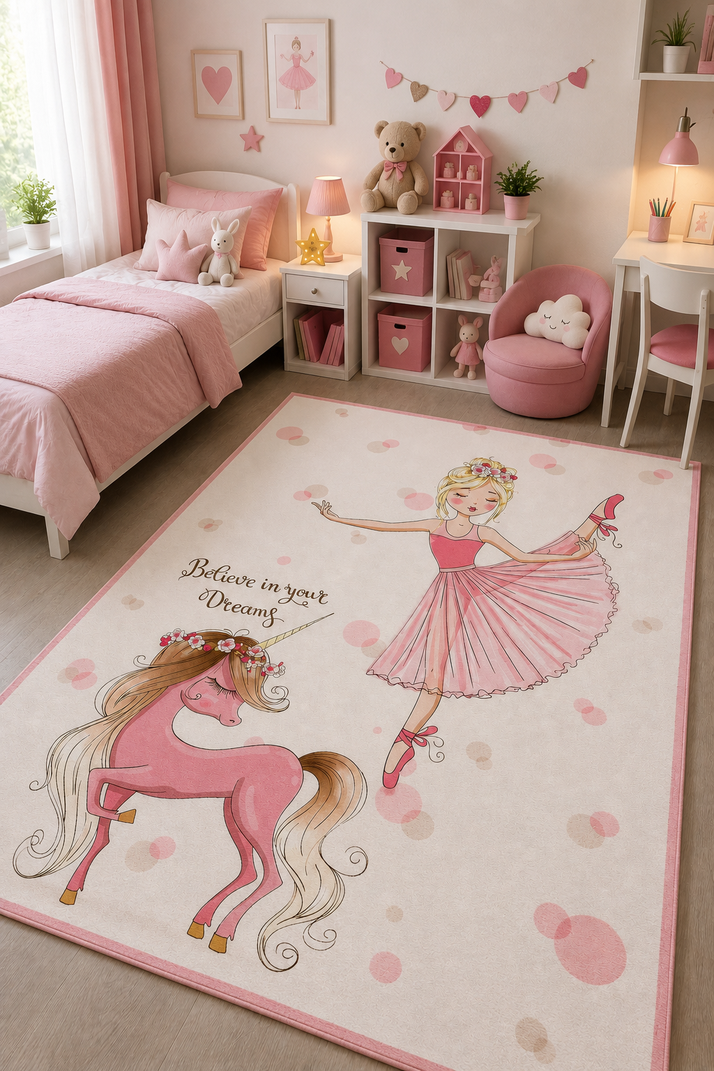 Yıldızlı Taç Prensesi Desenli Baskı Şönil Kilim Kaymaz Taban Yıkanabilir Kız Çocuk Odası Halısı 14