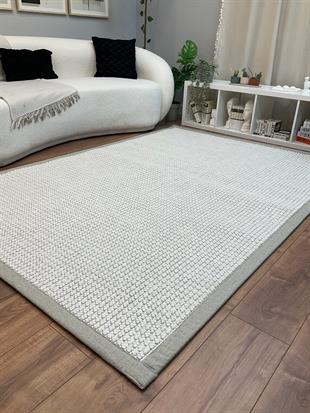 Kumaş Bordurlu Bukle Halı Modelleri – Toz vermez, Yıkanabilir, Uzun ÖmürlüSaraz HalıKumaş Bordür Beyaz Bukle Bej Bordür  Halı Salon Koridor Mutfak Çocuk Odası Halısı  Kilim S260