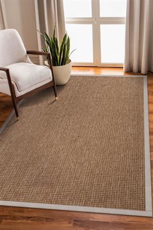 Sisal Hasır Halı ModelleriSARAZ HALI0465-Bej Kumaş Bordür Sisal Halı Kilim Hav Toz Vermez Kolay Temizlenen Hasır Kilim