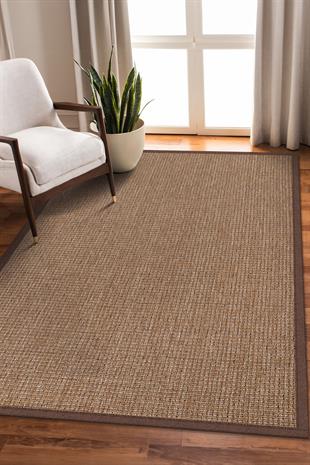 Sisal Hasır Halı ModelleriSARAZ HALI0465-Kahverengi Kumaş Bordür Sisal Halı Kilim Hav Toz Vermez Kolay Temizlenen Hasır Kilim
