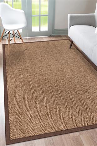 Sisal Hasır Halı ModelleriSARAZ HALI0503-Kahve Kumaş Bordür Sisal Halı Kilim Hav Toz Vermez Kolay Temizlenen Hasır Kilim