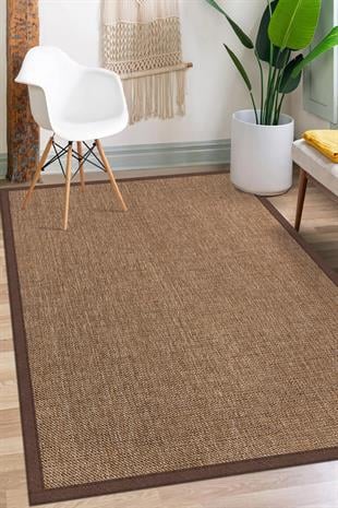 Sisal Hasır Halı ModelleriSARAZ HALI0604-Kahve Kumaş Bordür Sisal Halı Kilim Hav Toz Vermez Kolay Temizlenen Hasır Kilim