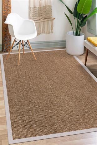 Sisal Hasır Halı ModelleriSARAZ HALI0604-Krem Kumaş Bordür Sisal Halı Kilim Hav Toz Vermez Kolay Temizlenen Hasır Kilim