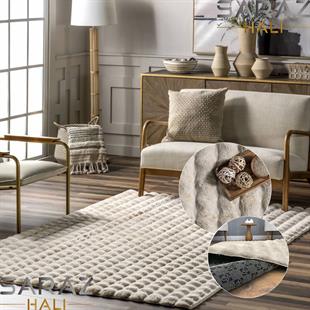 TİCİMAXSARAZ HALIPuffy Bubble Tavşan Tüyü Kaymaz Makinede Yıkanabilir Salon Koridor Mutfak Halı Kilim Bej
