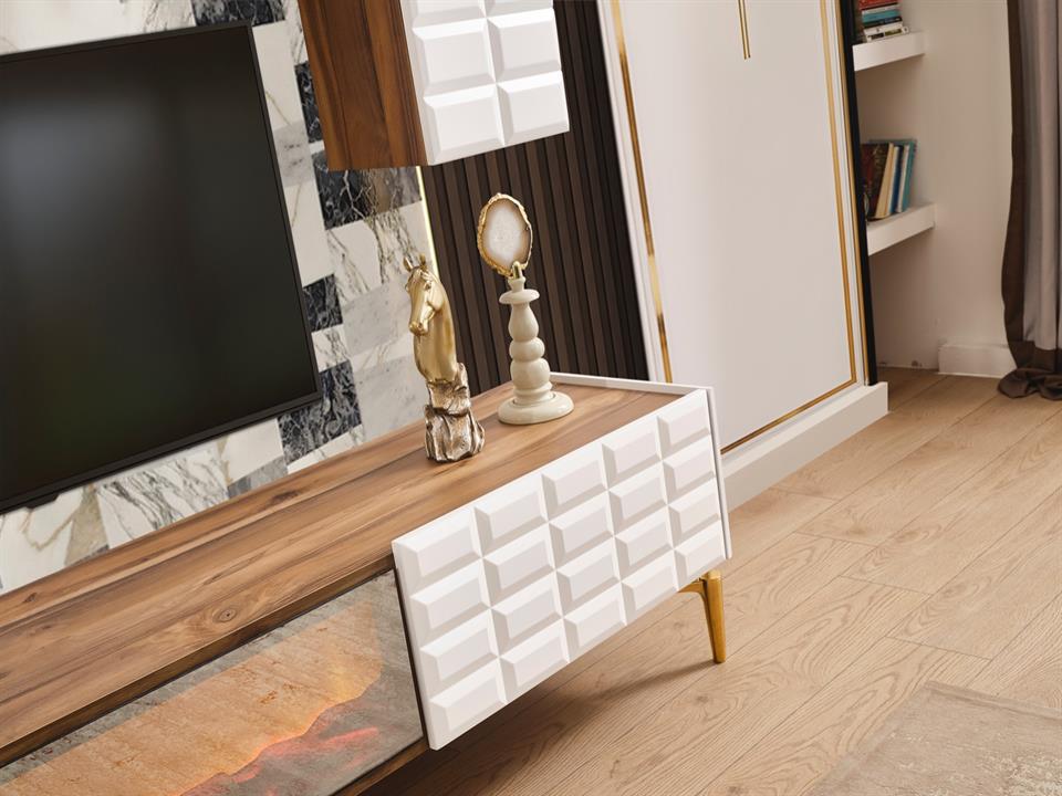 Ağva Ceviz Ekru Şömineli Tv Ünite Takımı