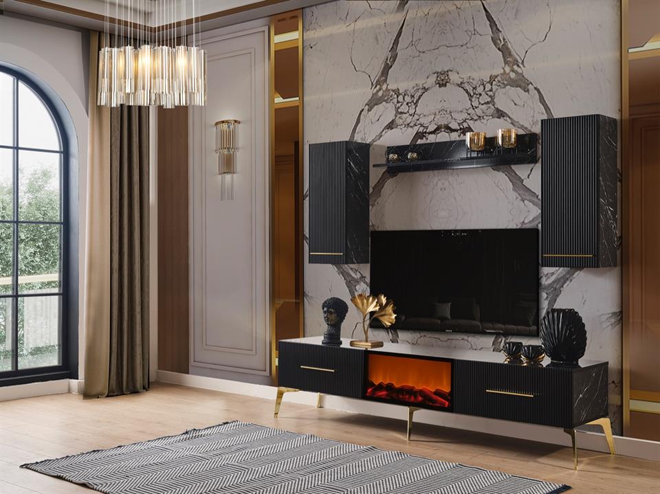 Beykoz Siyah Şömineli Tv Ünite Takımı