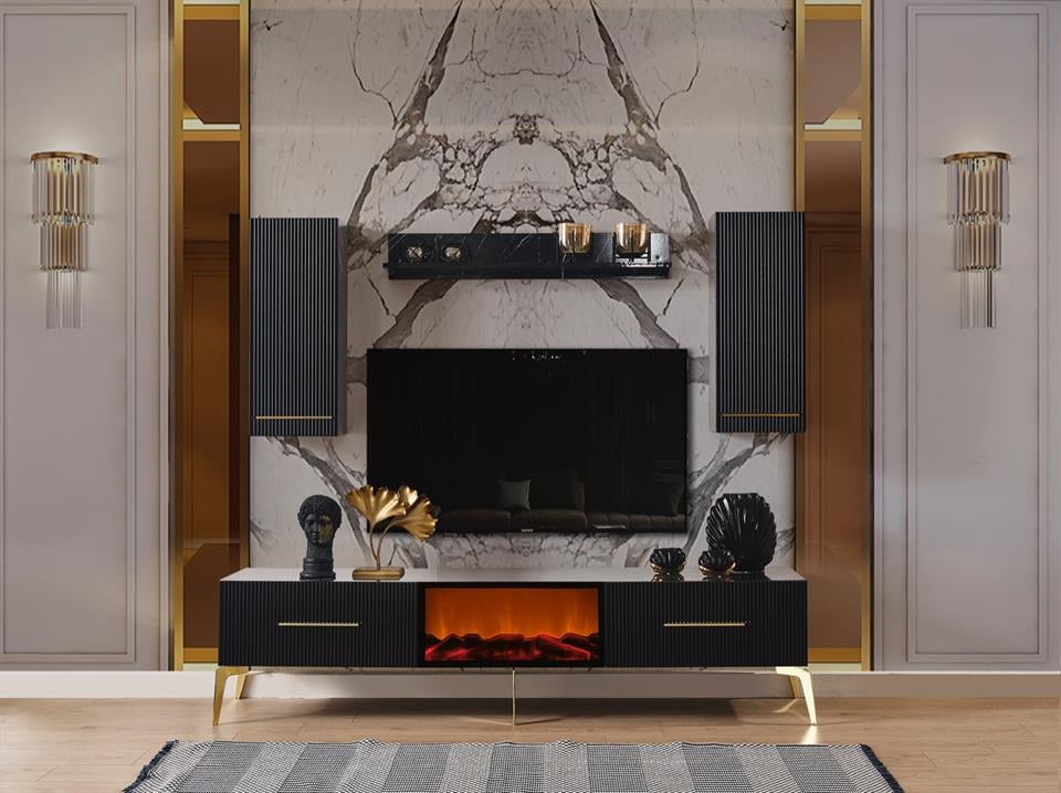 Beykoz Siyah Şömineli Tv Ünite Takımı