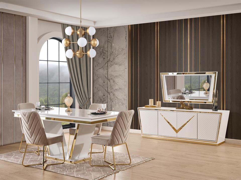 Lotus Beyaz Gold Bazalı Yemek Odası Takımı