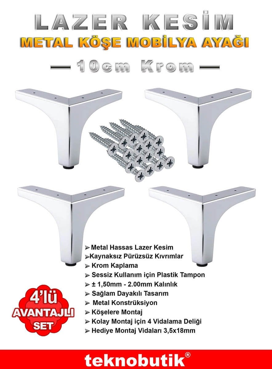 Krom 10cm Köşe Lazer Kesim Baza Kanepe Dolap Ayağı 4 Adet