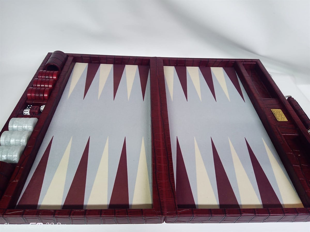 Bordo-Beyaz-Gri Uçgen Suni Deri Kaplamalı El Yapımı Tavla 