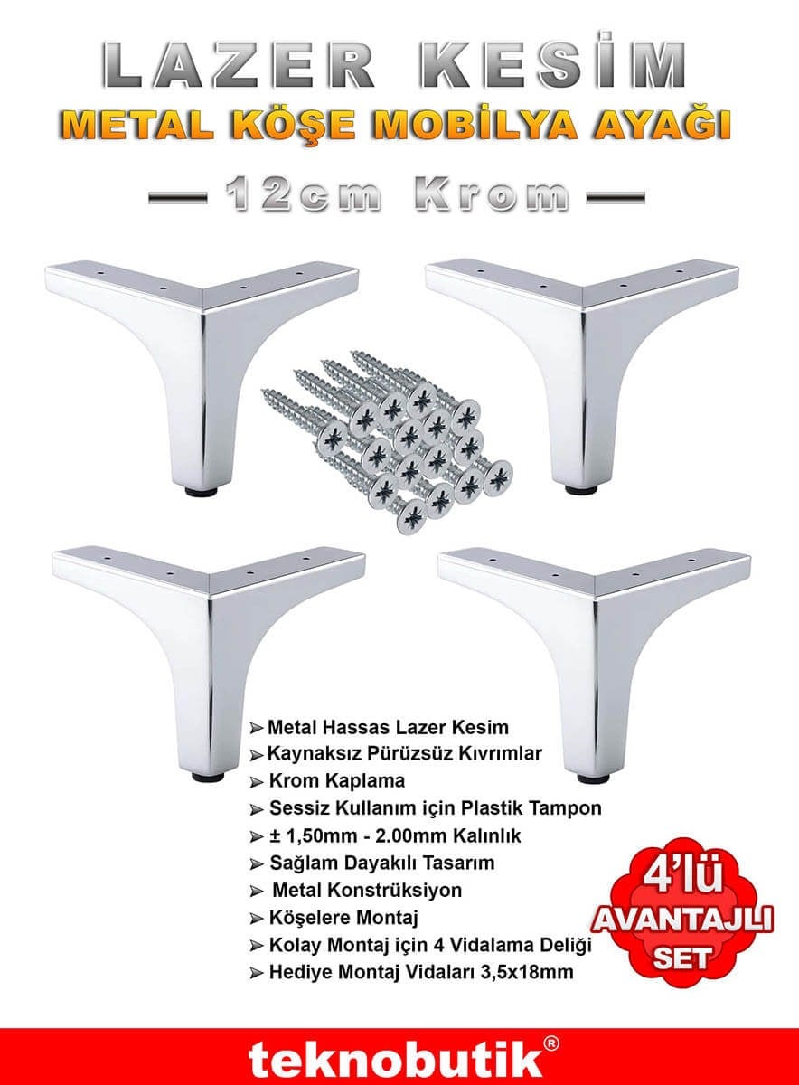 Krom 12cm Köşe Lazer Kesim Baza Kanepe Dolap Ayağı 4 Adet