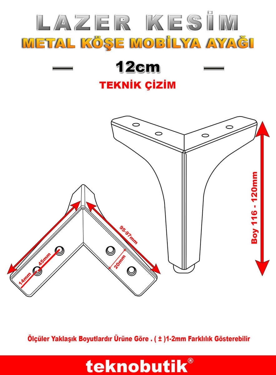Krom 12cm Köşe Lazer Kesim Baza Kanepe Dolap Ayağı 4 Adet