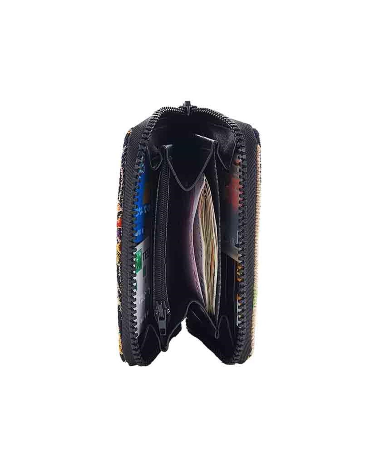 Siyah  ve Renkli Çiçek Desenli Çok Fonksiyonlu El Cüzdanı