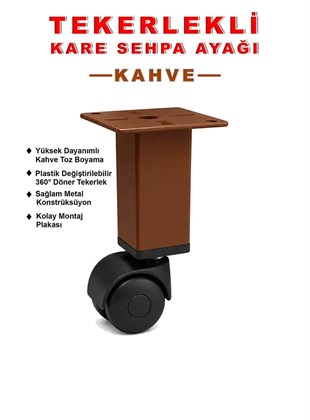 1 Adet 15cm Boy Kahve Kare Plastik Tekerlekli Mobilya Sehpa Ayağı