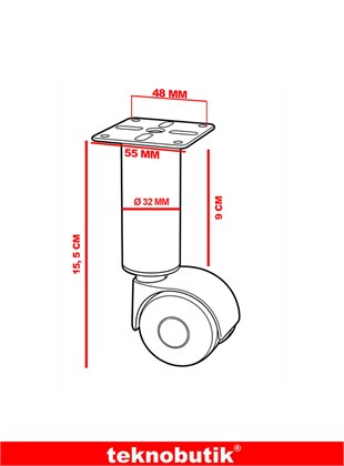 15cm Ø32mm Beyaz Metal Gövdeli Plastik Tekerlekli Sehpa Ayağı 1 Adet