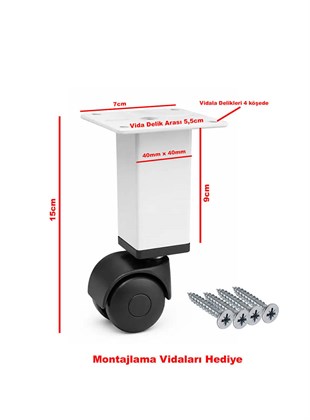 15cm Boy Beyaz Kare Metal Gövdeli Plastik Tekerlekli Mobilya Sehpa Ayağı