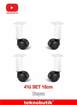 4 Adet 15cm Ø32mm Beyaz Metal Gövdeli Plastik Tekerlekli Sehpa Ayagi